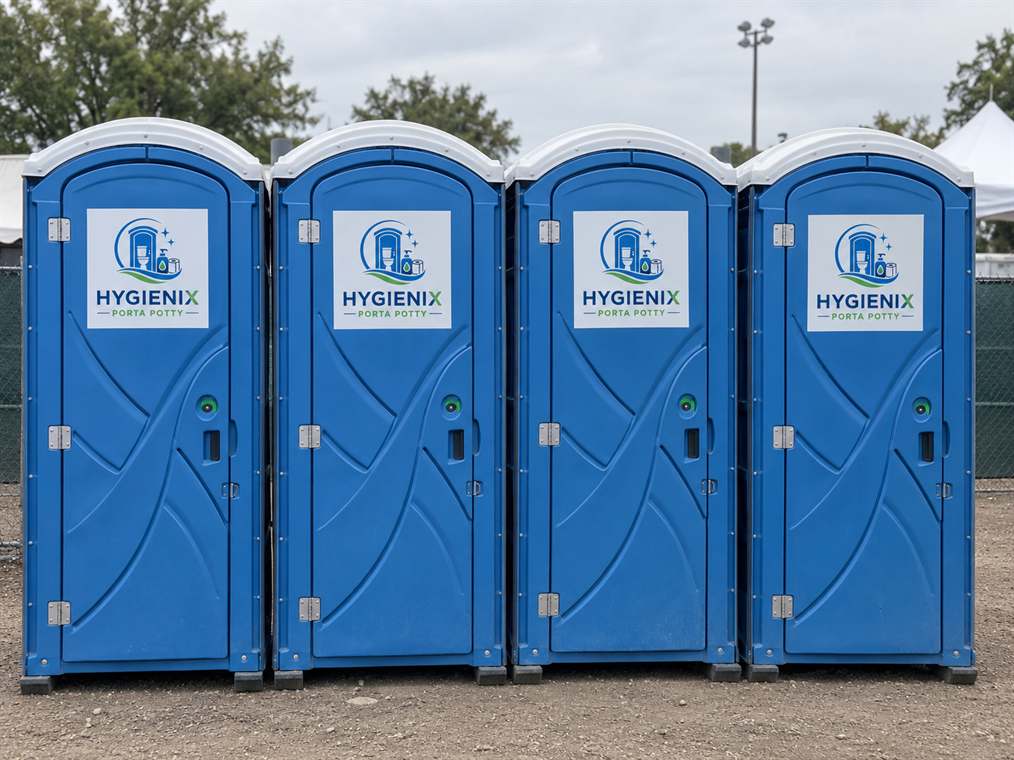 A row of four blue Hygienix Porta Potty units on dirt ground