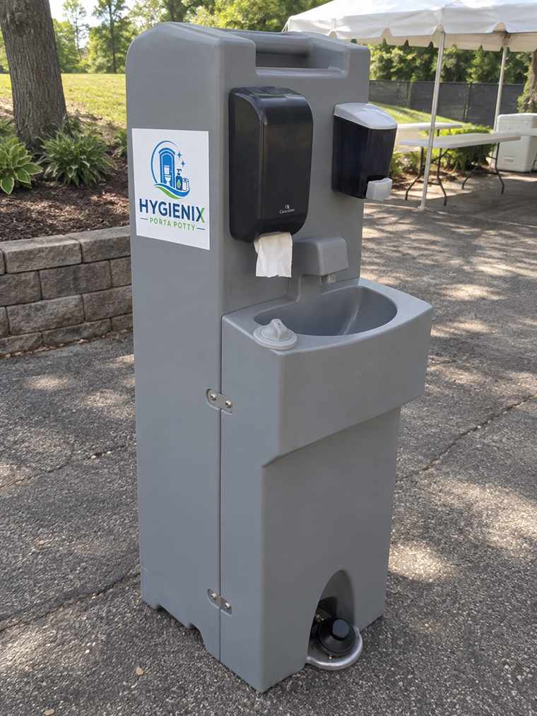 Hygienix Porta Potty portable handwash station on asphalt pavement